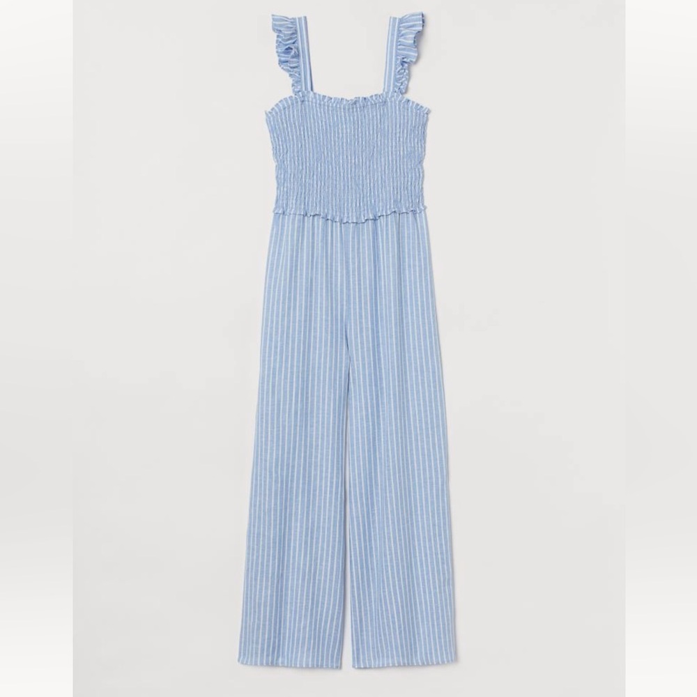 🆕 H&M White and Blue Stripe Smocked Jumpsuit